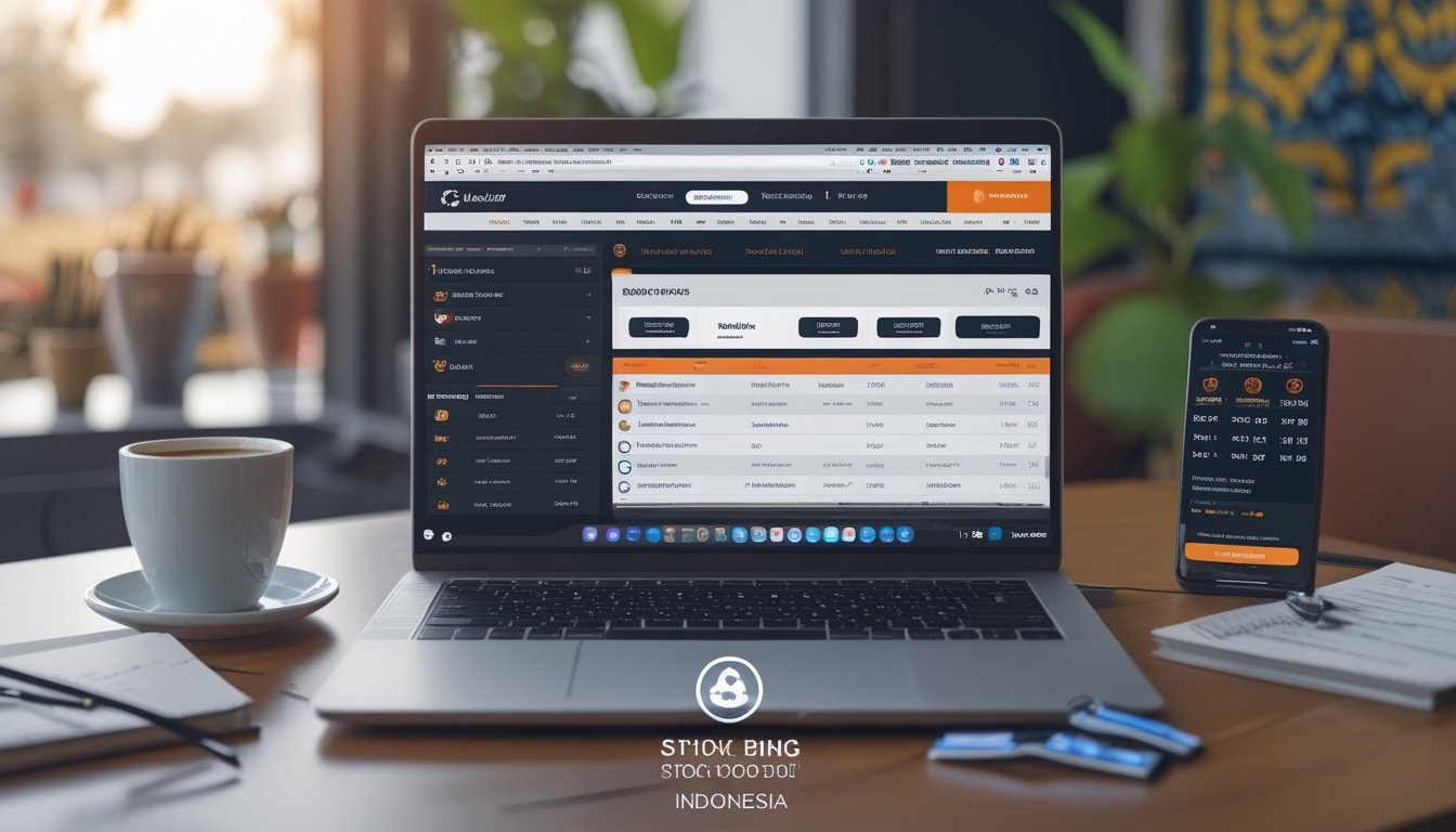 Sebuah ruang kerja modern dengan laptop yang menampilkan situs taruhan bola online, dilengkapi dengan smartphone, kopi, dan alat tulis di atas meja.