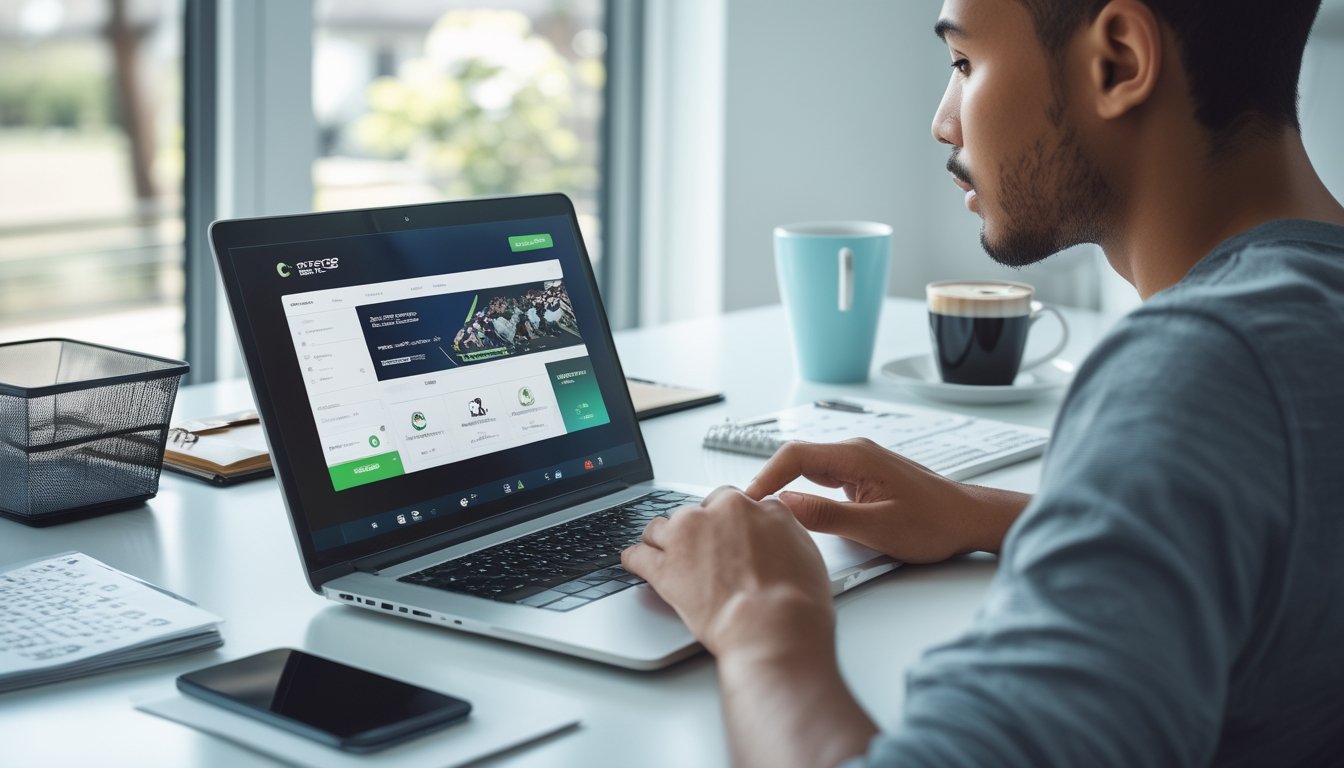 Seseorang sedang duduk di meja dengan laptop dan catatan, mempersiapkan pendaftaran di situs taruhan bola online.
