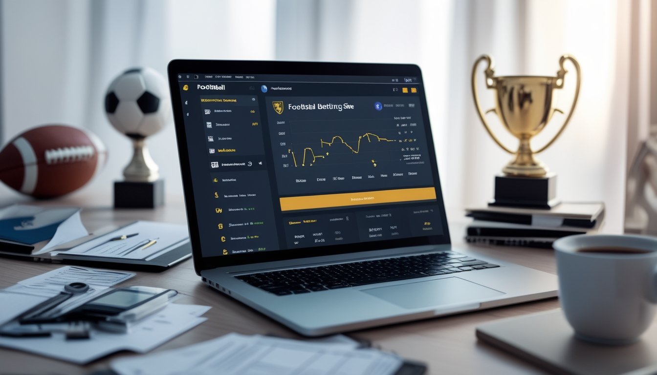 Seorang pria duduk di meja kerja dengan laptop yang menampilkan situs taruhan bola online, dikelilingi oleh ponsel, catatan, dan bola sepak di latar belakang.