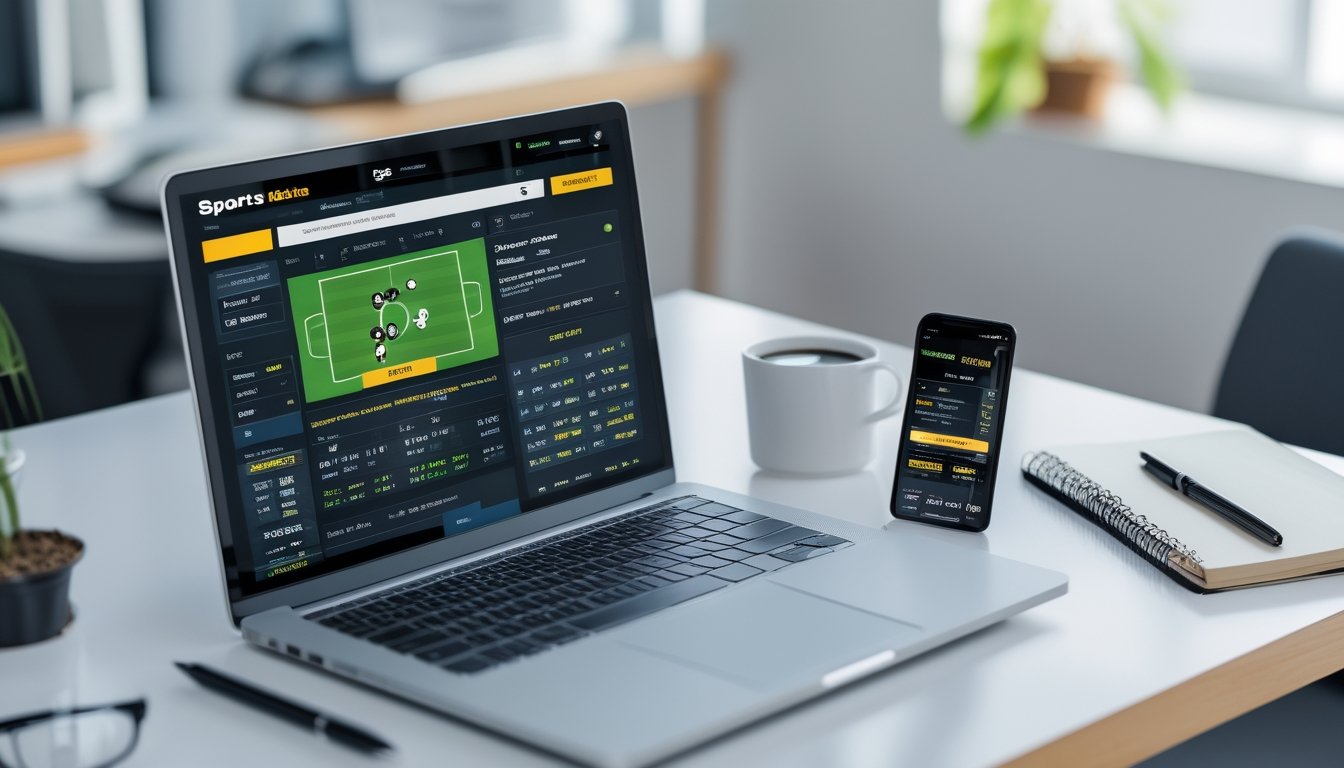 Meja kerja modern dengan laptop dan ponsel yang menampilkan situs dan aplikasi taruhan bola online, dikelilingi oleh alat tulis dan tanaman kecil.