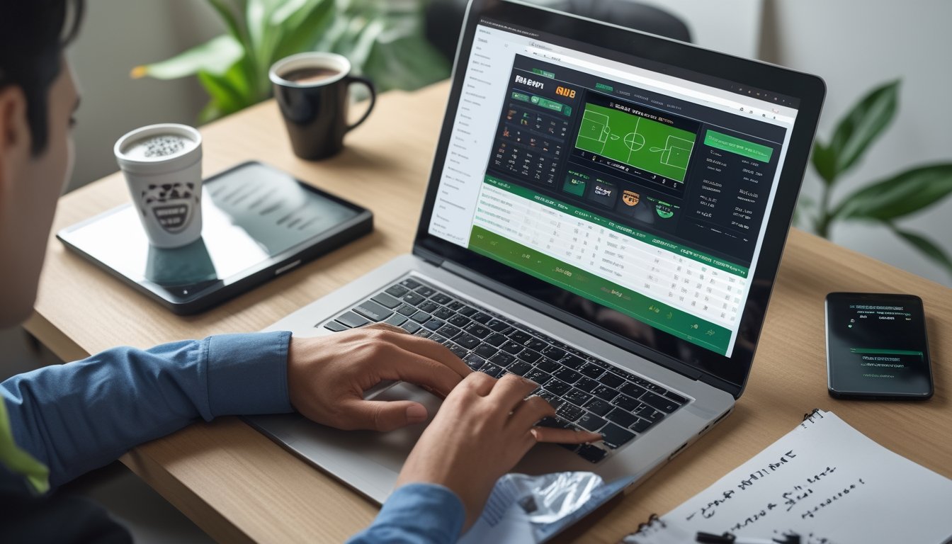 Seseorang menggunakan laptop dan perangkat digital lain di meja kerja untuk meninjau situs taruhan bola online dengan tampilan antarmuka taruhan dan grafik.