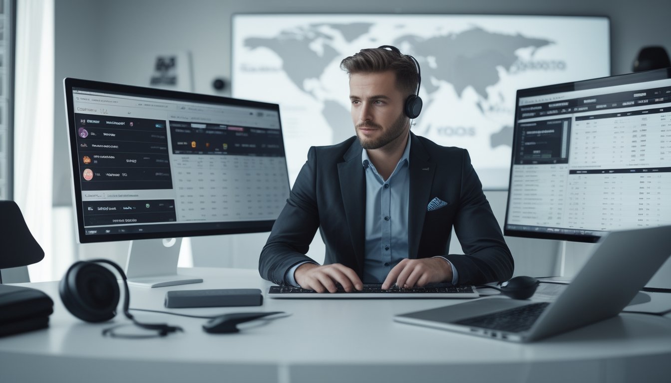Seorang profesional sedang duduk di depan komputer dengan layar menampilkan situs taruhan olahraga online, di ruang kantor modern yang rapi dan terang.