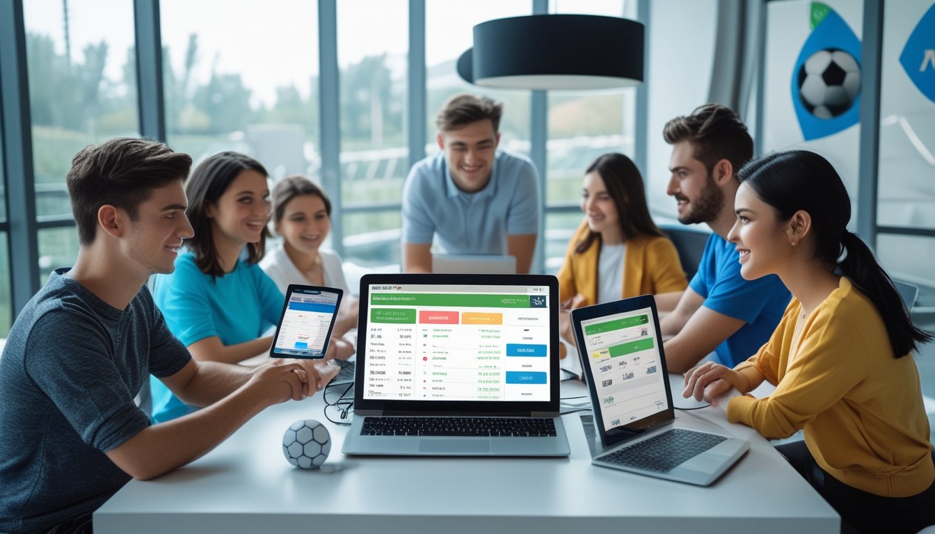 Sekelompok orang muda menggunakan perangkat digital untuk bertaruh bola online di ruangan kantor yang terang dan modern.