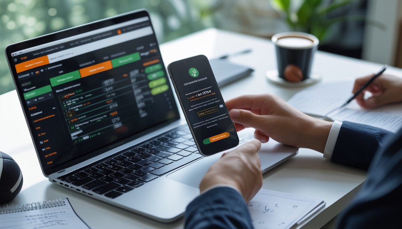 Seseorang menggunakan laptop dan ponsel di meja kerja dengan tema taruhan bola online dan bonus.