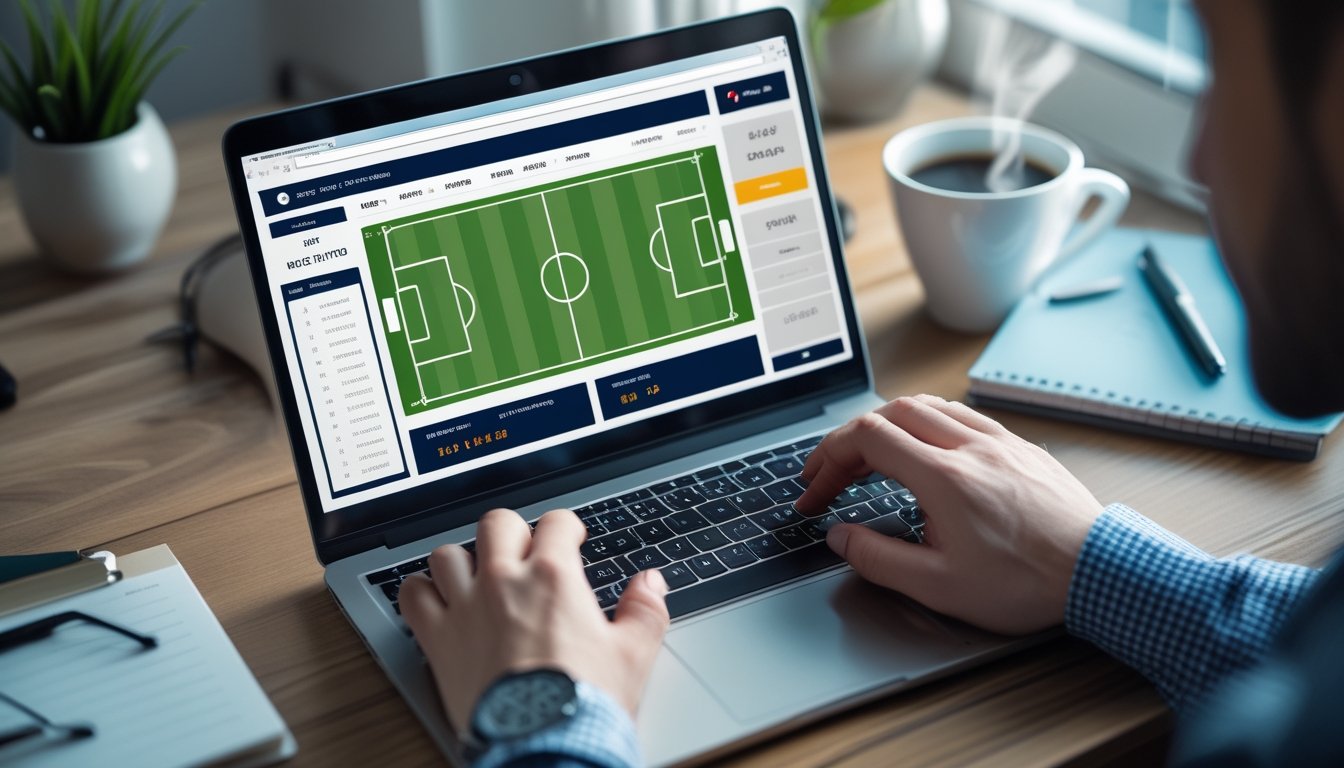 Orang sedang menggunakan laptop untuk mendaftar di situs bandar bola online dengan tampilan layar yang menampilkan elemen sepak bola dan grafik taruhan.