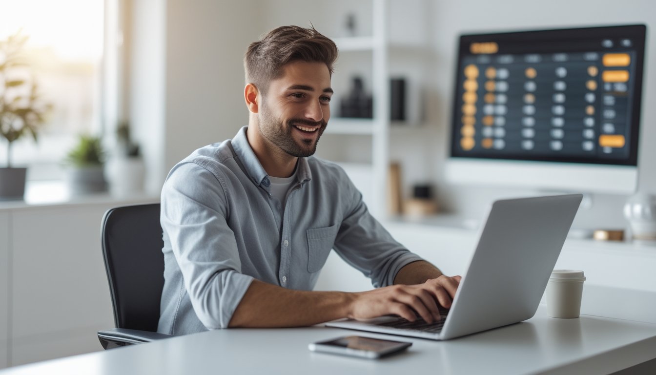 Seorang pria muda duduk di meja kerja dengan laptop, terlihat fokus dan senang menggunakan platform online di ruang kerja rumah yang terang dan rapi.