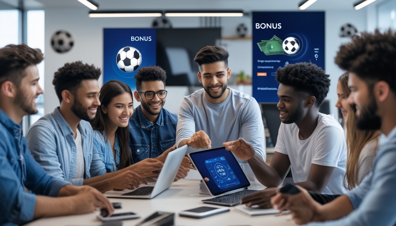 Sekelompok orang muda sedang menggunakan laptop dan ponsel di kantor modern, fokus pada aktivitas terkait taruhan bola online dan klaim bonus.