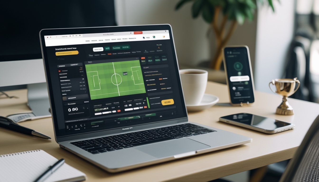 Meja kerja dengan laptop dan ponsel yang menampilkan halaman taruhan bola online, dilengkapi dengan cangkir kopi dan perlengkapan olahraga kecil.
