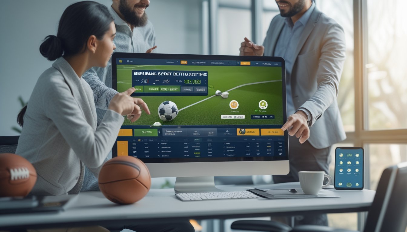 Dua orang berdiskusi di depan komputer yang menampilkan situs taruhan bola online dengan latar meja kerja modern dan perlengkapan terkait sepak bola.