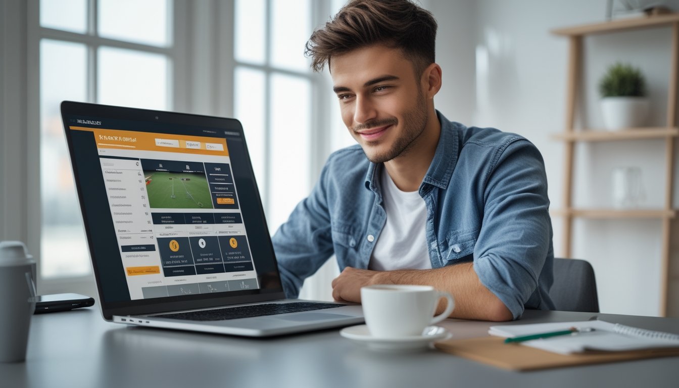 Seorang pria muda duduk di meja dengan laptop, terlihat fokus dan percaya diri saat menggunakan situs taruhan olahraga online.