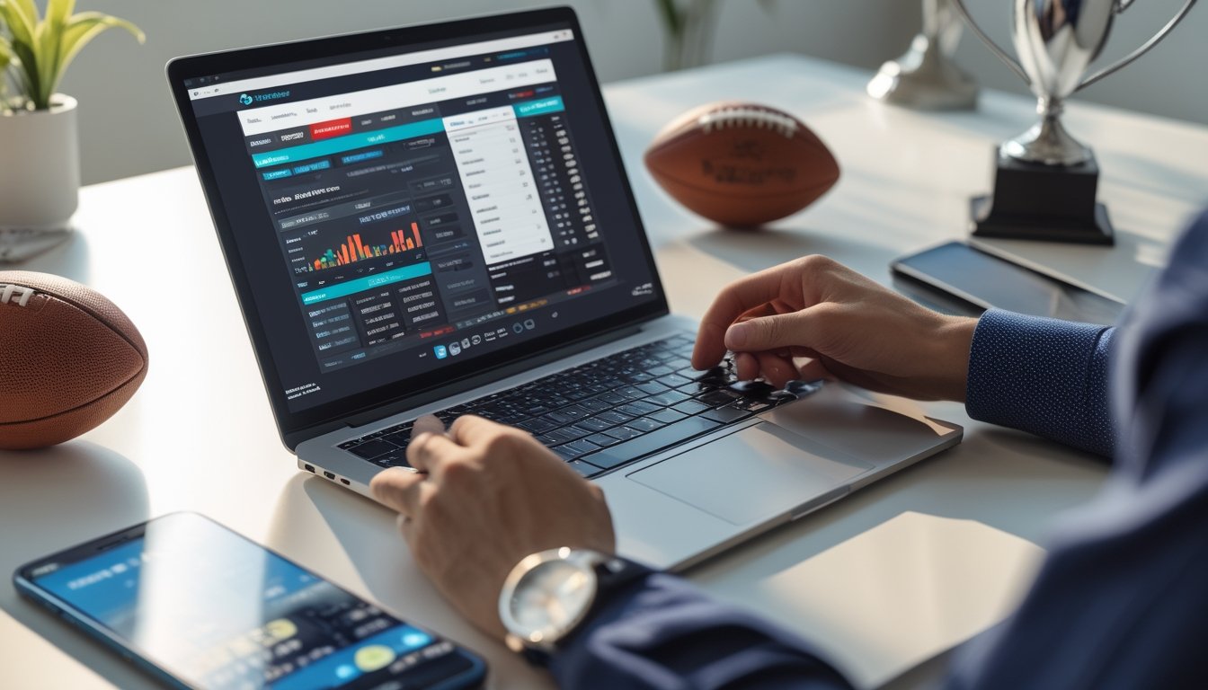 Seseorang menggunakan laptop dan ponsel di meja kerja dengan perlengkapan olahraga di sekitar, menunjukkan aktivitas taruhan bola online.