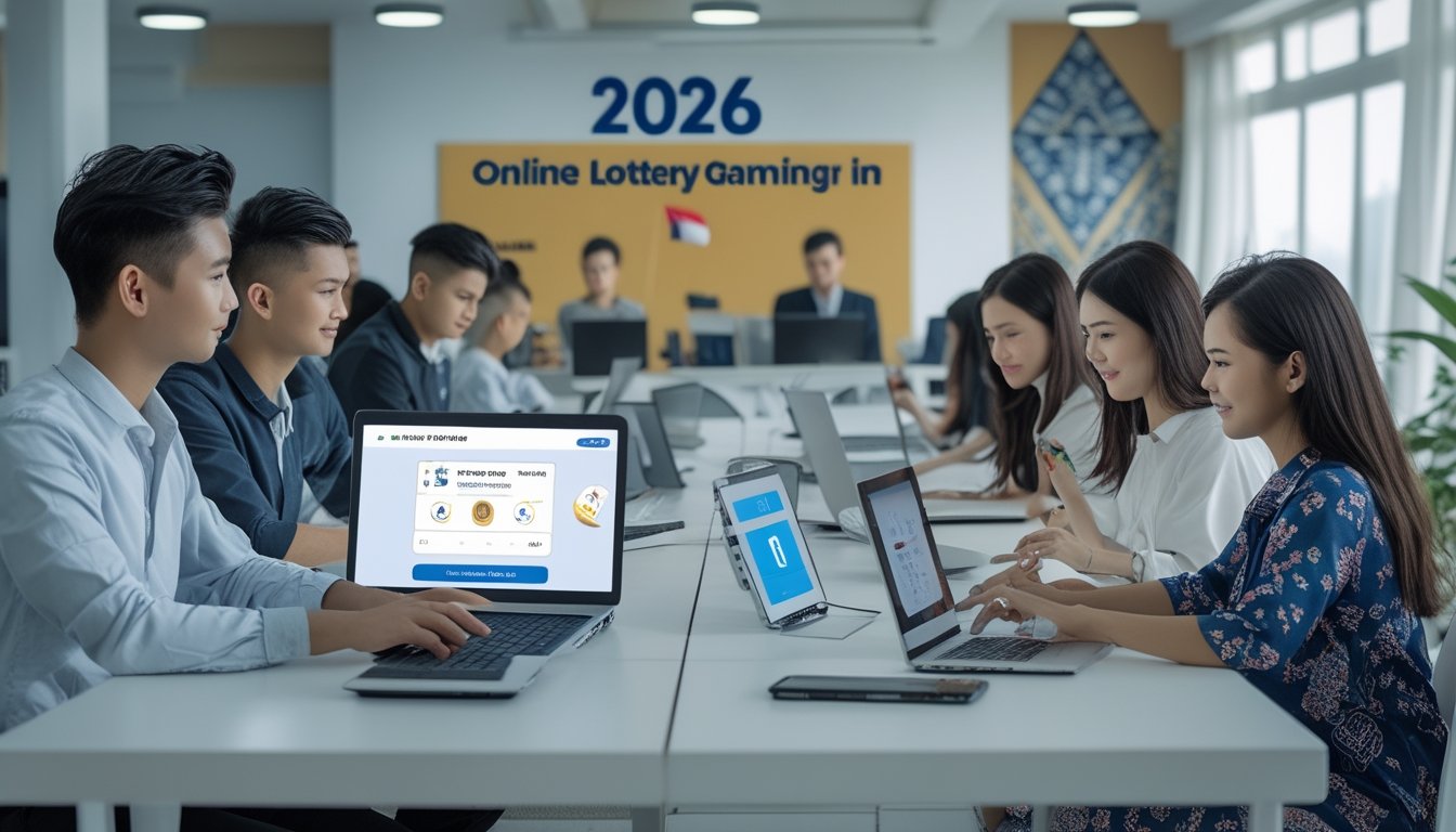 Beberapa orang muda menggunakan laptop dan ponsel di kantor modern dengan dekorasi khas Indonesia, fokus pada aktivitas permainan togel online dan pembayaran cepat.