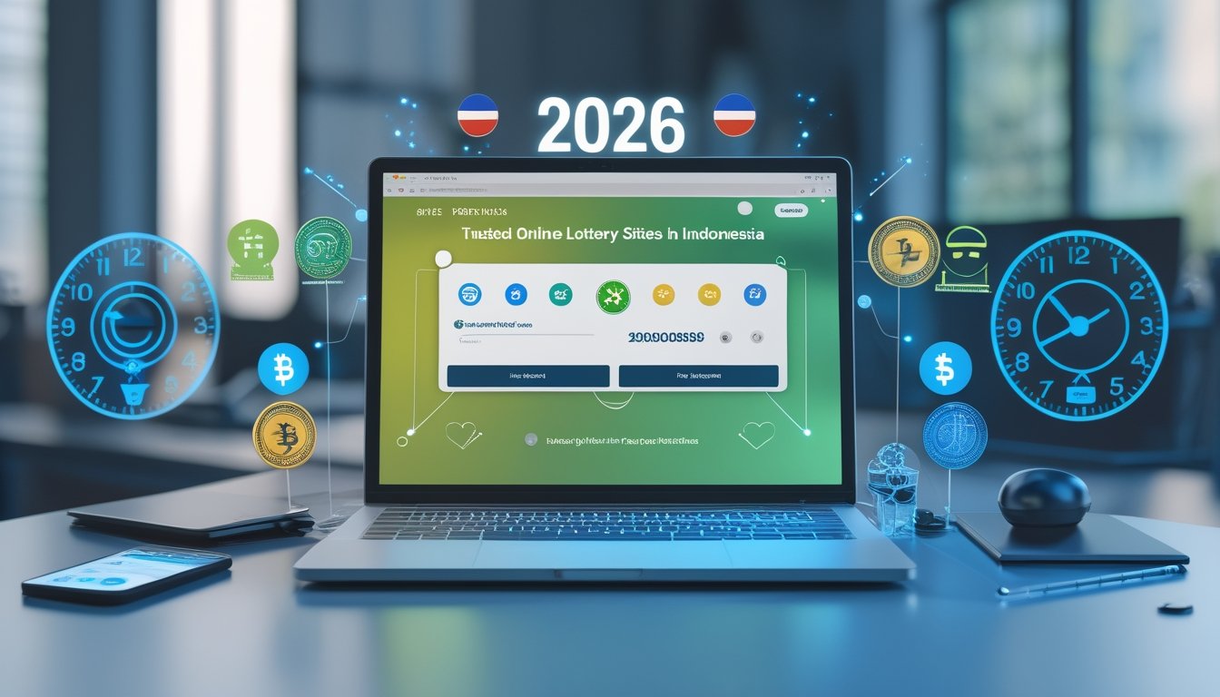 Seorang profesional menggunakan laptop dengan tampilan situs togel online dan ikon pembayaran cepat di meja kerja modern.