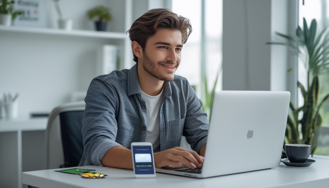 Seseorang duduk di meja dengan laptop dan ponsel, tampak fokus dan puas dalam suasana kantor rumah yang terang dan rapi.