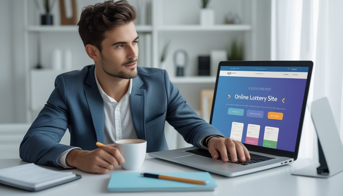 Seorang pria muda duduk di meja dengan laptop, tampak fokus menggunakan situs togel online di lingkungan kantor rumah yang rapi.
