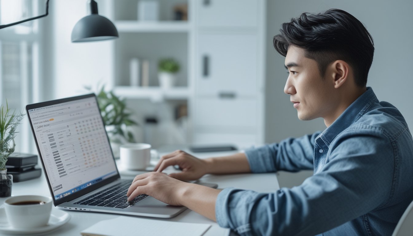 Seorang pria muda duduk di depan laptop di ruang kerja modern dengan suasana terang dan rapi, fokus pada layar komputer.