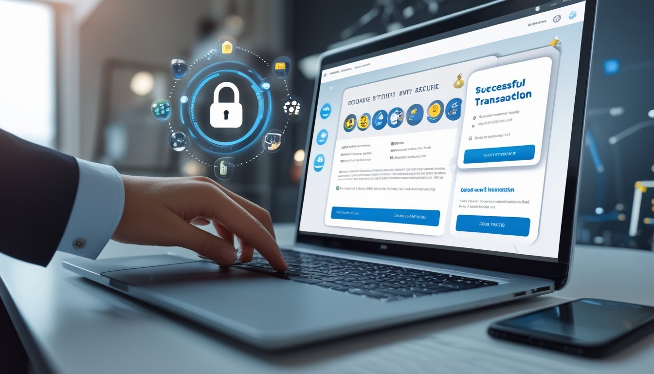 Seseorang menggunakan laptop dan ponsel untuk melakukan transaksi lotere online yang aman dan cepat di sebuah meja kerja modern.