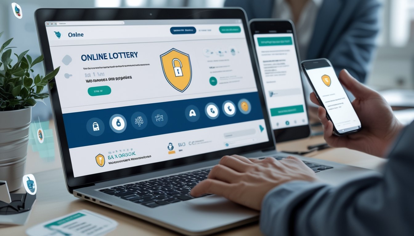 Tangan seseorang menggunakan laptop dan ponsel untuk melakukan transaksi togel online yang cepat dan aman di lingkungan kantor yang terang.