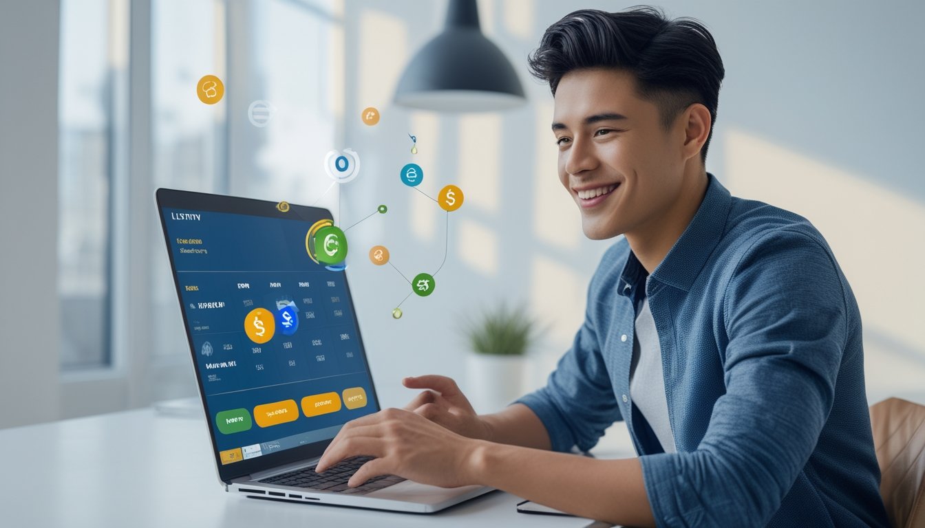 Seseorang menggunakan laptop di meja dengan tampilan situs togel online terpercaya di layar, terlihat puas dan santai.