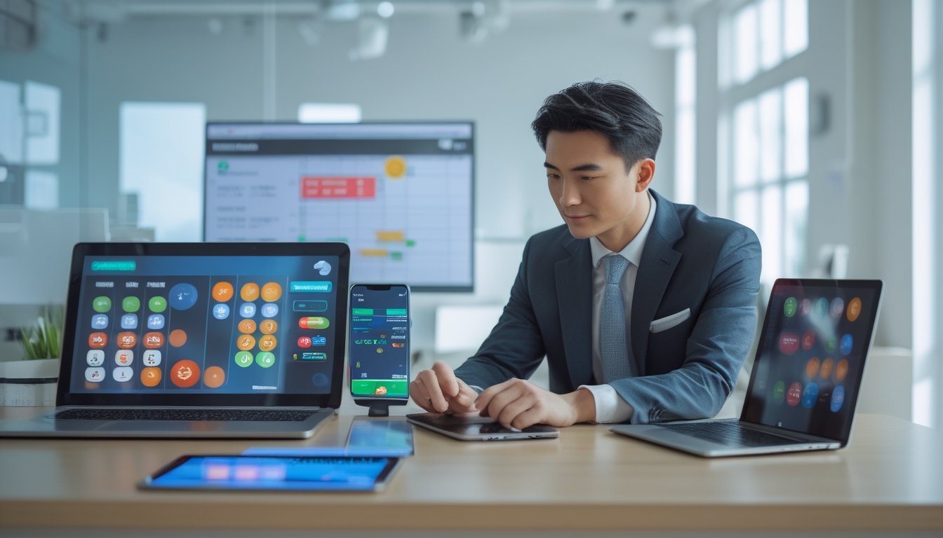 Seorang pria Asia duduk di meja kerja modern dengan laptop dan ponsel, sedang menganalisis data situs togel online terpercaya.