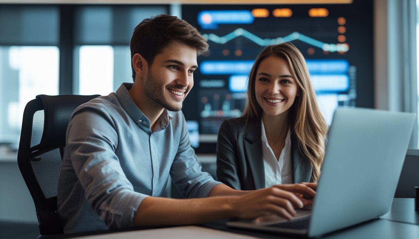 Seorang pria dan wanita muda duduk di meja kantor modern sambil melihat layar laptop dengan ekspresi percaya diri dan tersenyum.