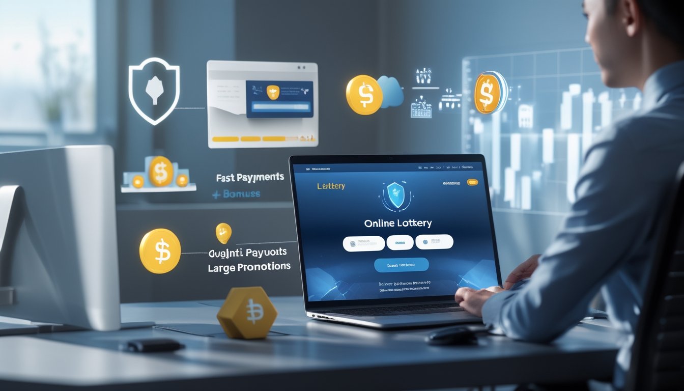 Seseorang menggunakan laptop di meja kerja dengan simbol keamanan dan grafik di latar belakang yang menunjukkan pembayaran cepat dan bonus besar pada situs togel online.