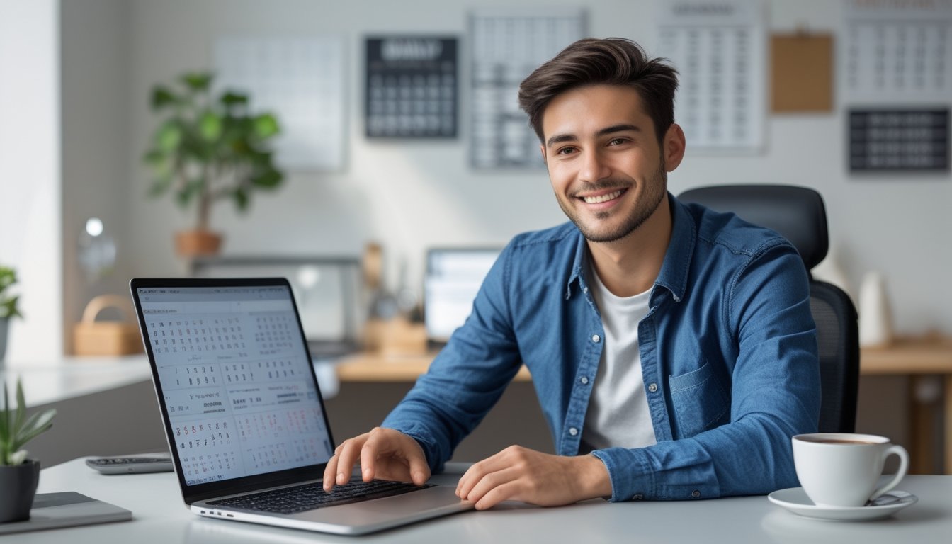 Seorang dewasa muda tersenyum duduk di meja dengan laptop terbuka, menampilkan grafik dan angka terkait permainan togel online, dengan kalender dan ponsel di latar belakang.