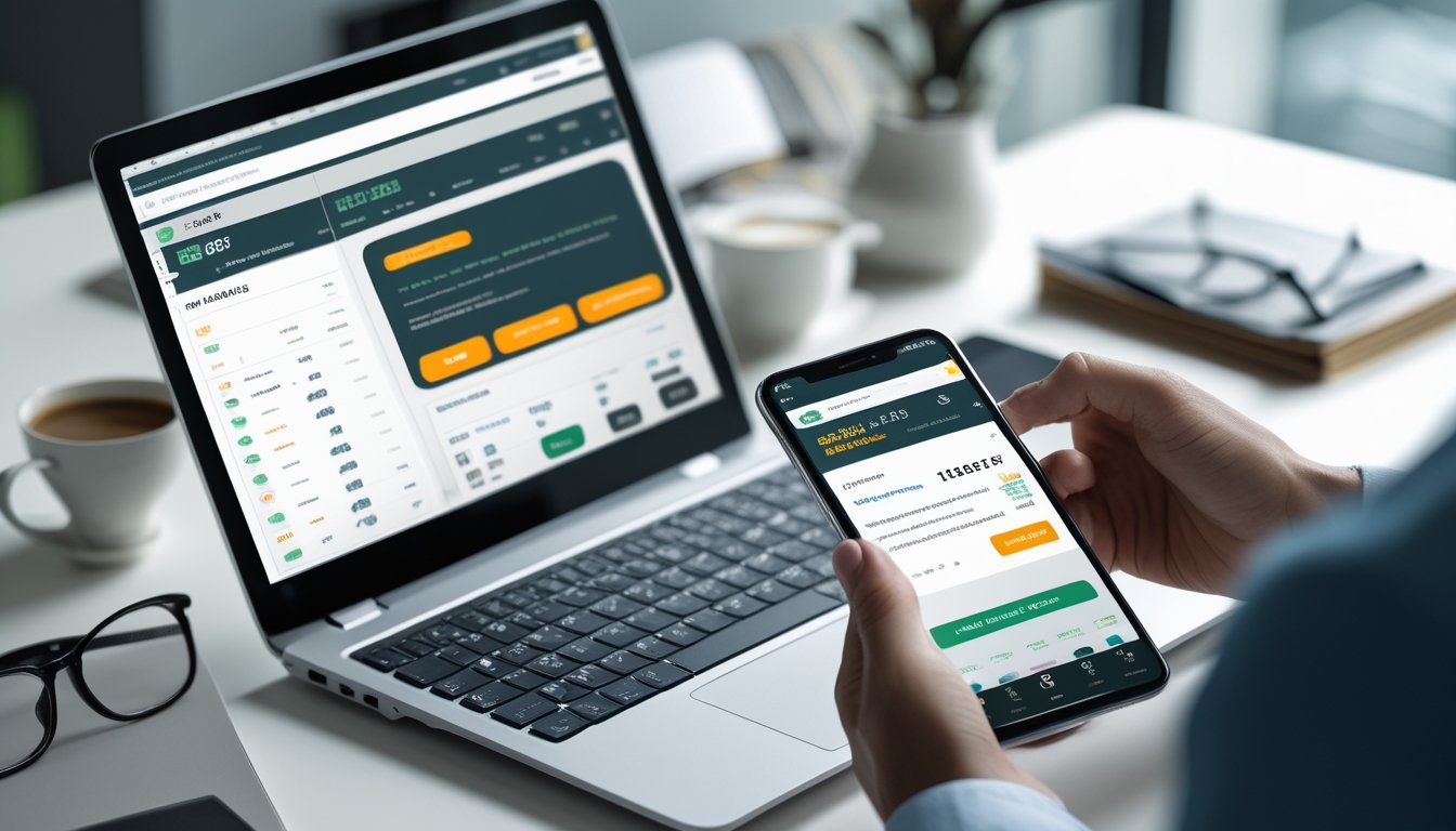 Meja kerja modern dengan laptop dan ponsel yang menampilkan aktivitas bermain togel online, tangan seseorang sedang menggunakan perangkat tersebut.