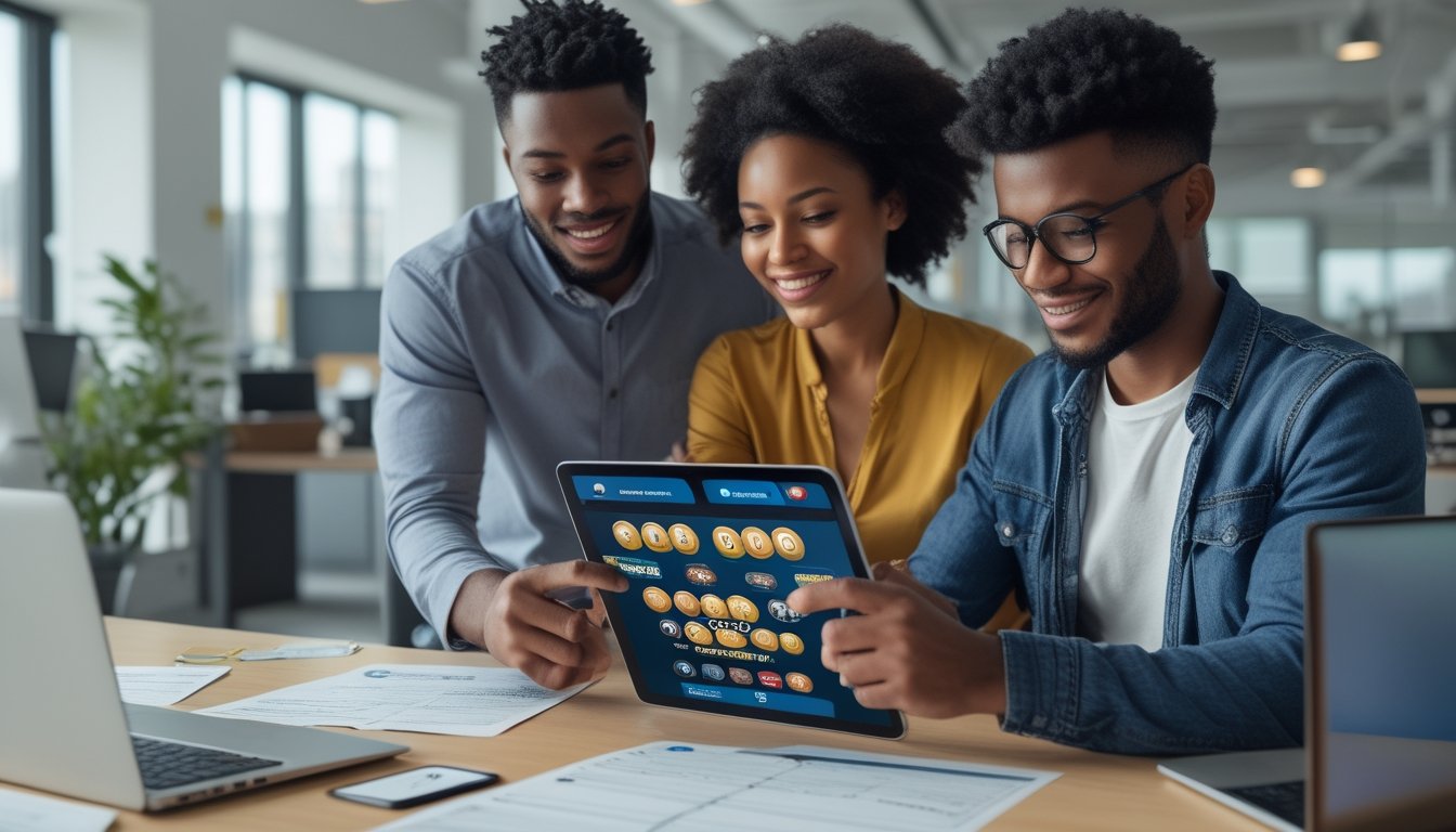 Beberapa orang sedang bekerja sama di kantor dengan tablet dan laptop untuk proses klaim hadiah togel online.