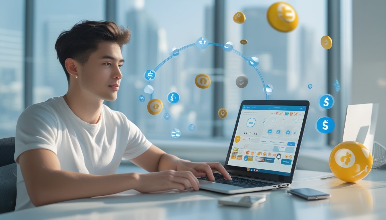 Seorang dewasa muda menggunakan laptop di ruang kerja modern dengan elemen digital terkait lotere dan pembayaran cepat di sekitarnya.