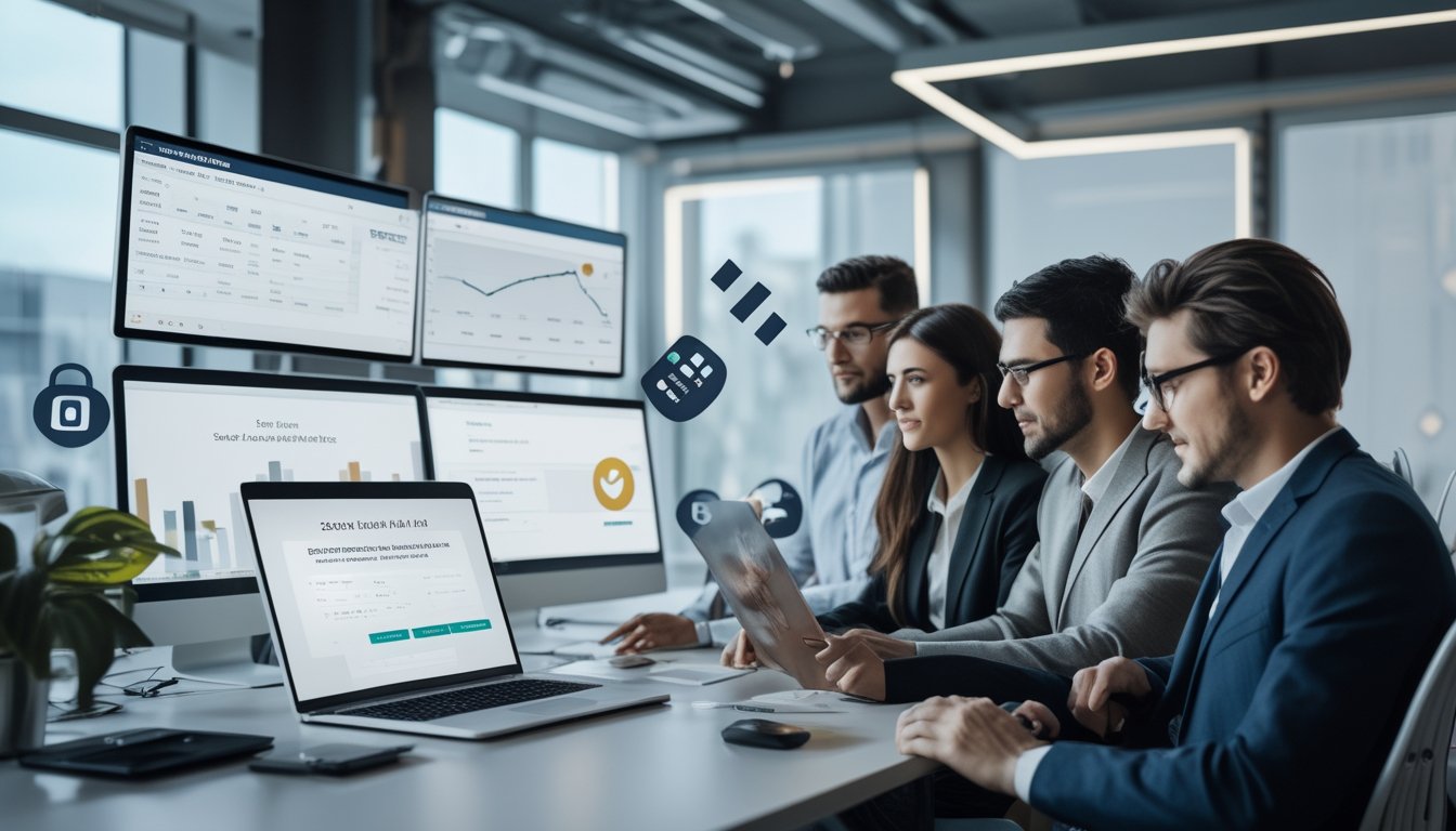 Sekelompok profesional sedang bekerja dengan komputer dan perangkat digital di kantor modern yang terang, fokus pada analisis situs togel online terpercaya dan pembayaran cepat.