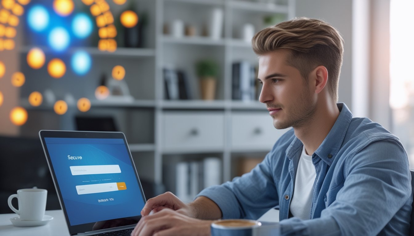 Seorang pria muda duduk di meja dengan laptop, terlihat fokus dan tenang saat menggunakan sistem pembayaran online yang cepat dan aman.