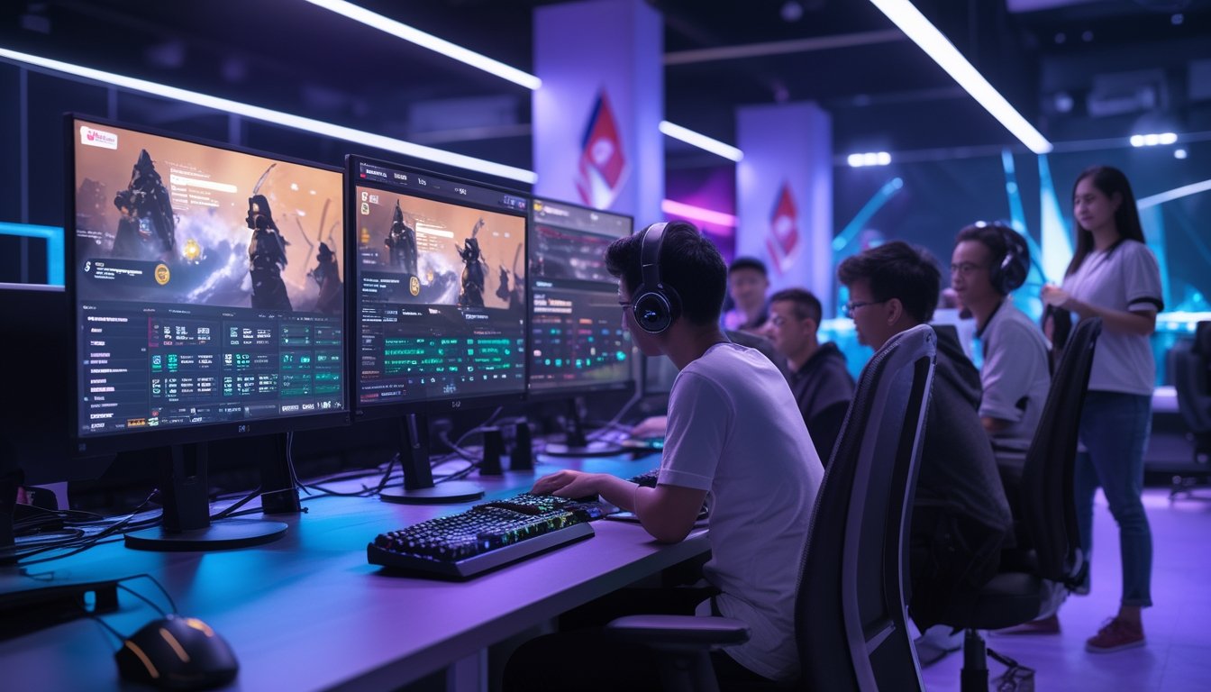 Sekelompok orang muda sedang bermain dan bertaruh pada permainan Dota 2 di sebuah ruang permainan modern dengan monitor komputer dan perangkat gaming.