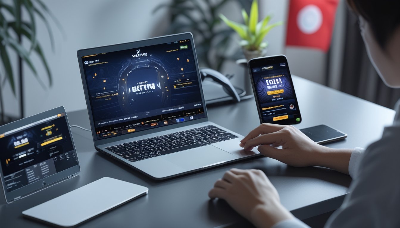 Seorang pengguna di depan meja kerja modern dengan beberapa perangkat digital menampilkan permainan Dota 2 dan antarmuka taruhan esports, dengan elemen budaya Indonesia di latar belakang.