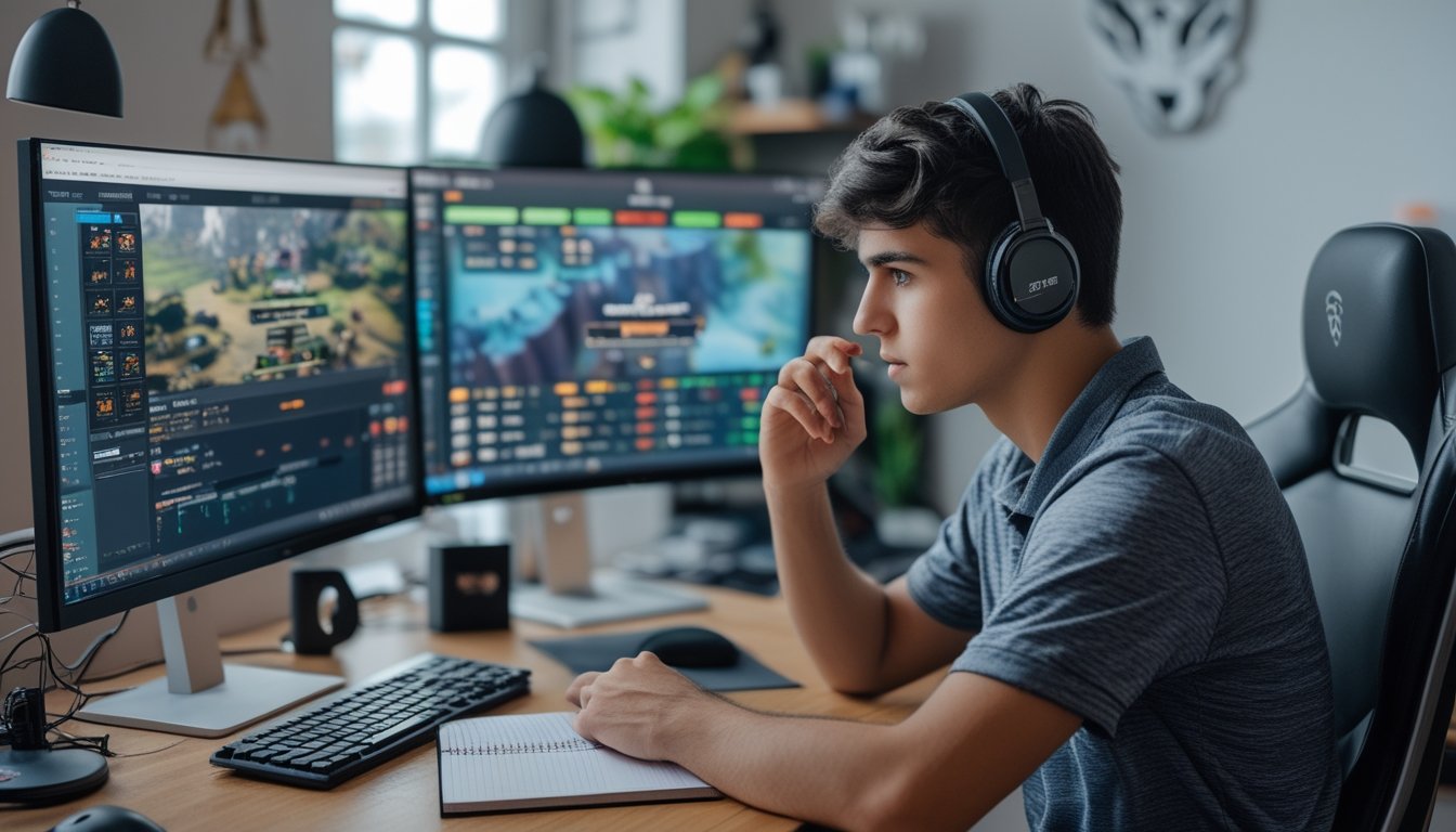 Seorang pemula taruhan esports Dota 2 sedang duduk di meja dengan beberapa monitor komputer yang menampilkan permainan Dota 2 dan grafik taruhan.