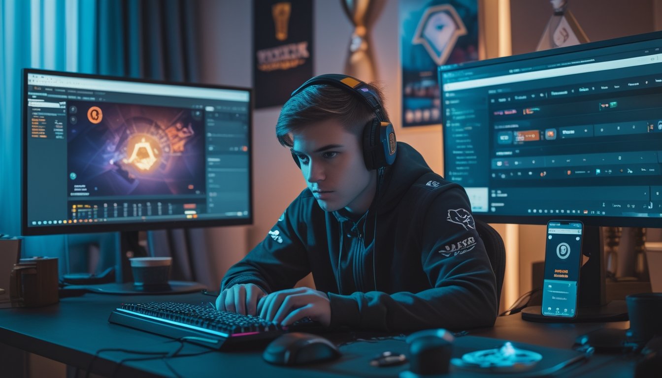 Seorang pemain game muda yang fokus duduk di depan komputer dengan layar menampilkan permainan Dota 2, mengenakan headset dan menggunakan keyboard serta mouse, di ruang dengan pencahayaan lembut dan perlengkapan game di sekitarnya.