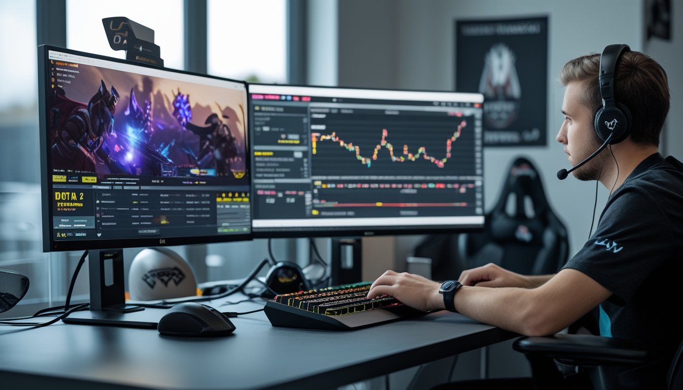 Seorang pria duduk di depan komputer dengan layar yang menampilkan permainan Dota 2 dan grafik taruhan, di ruang kerja dengan peralatan gaming.