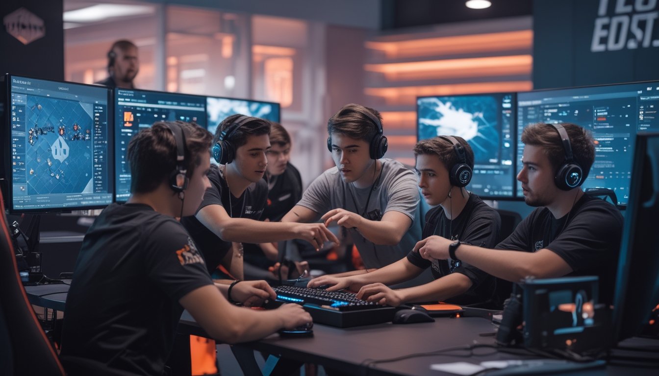 Sekelompok orang muda sedang berdiskusi serius di depan beberapa layar komputer yang menampilkan permainan Dota 2, dalam ruangan gaming yang terang dan modern.