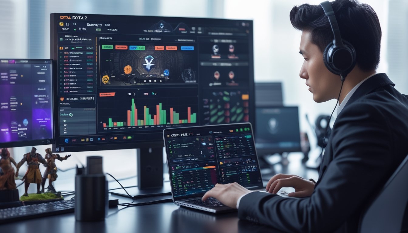 Seorang profesional sedang menganalisis data taruhan esports Dota 2 di meja kerja dengan komputer dan ponsel.