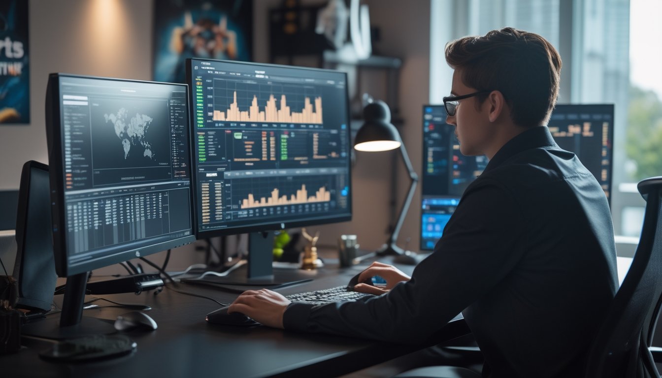 Seorang analis duduk di depan beberapa monitor komputer yang menampilkan grafik dan visual Dota 2, sedang bekerja di ruang kerja dengan dekorasi bertema esports.