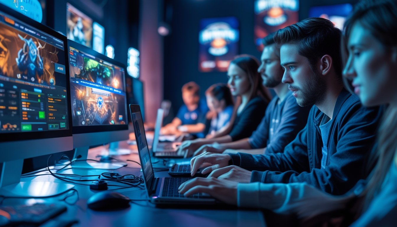 Sekelompok orang muda sedang menggunakan komputer dan ponsel untuk bertaruh pada permainan Dota 2 di sebuah ruangan dengan beberapa monitor yang menampilkan gameplay.