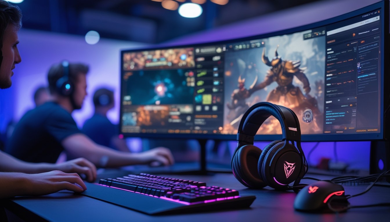 Setup gaming esports dengan monitor menampilkan permainan Dota 2, headphone, dan keyboard di meja dengan latar belakang pemain yang fokus bermain.