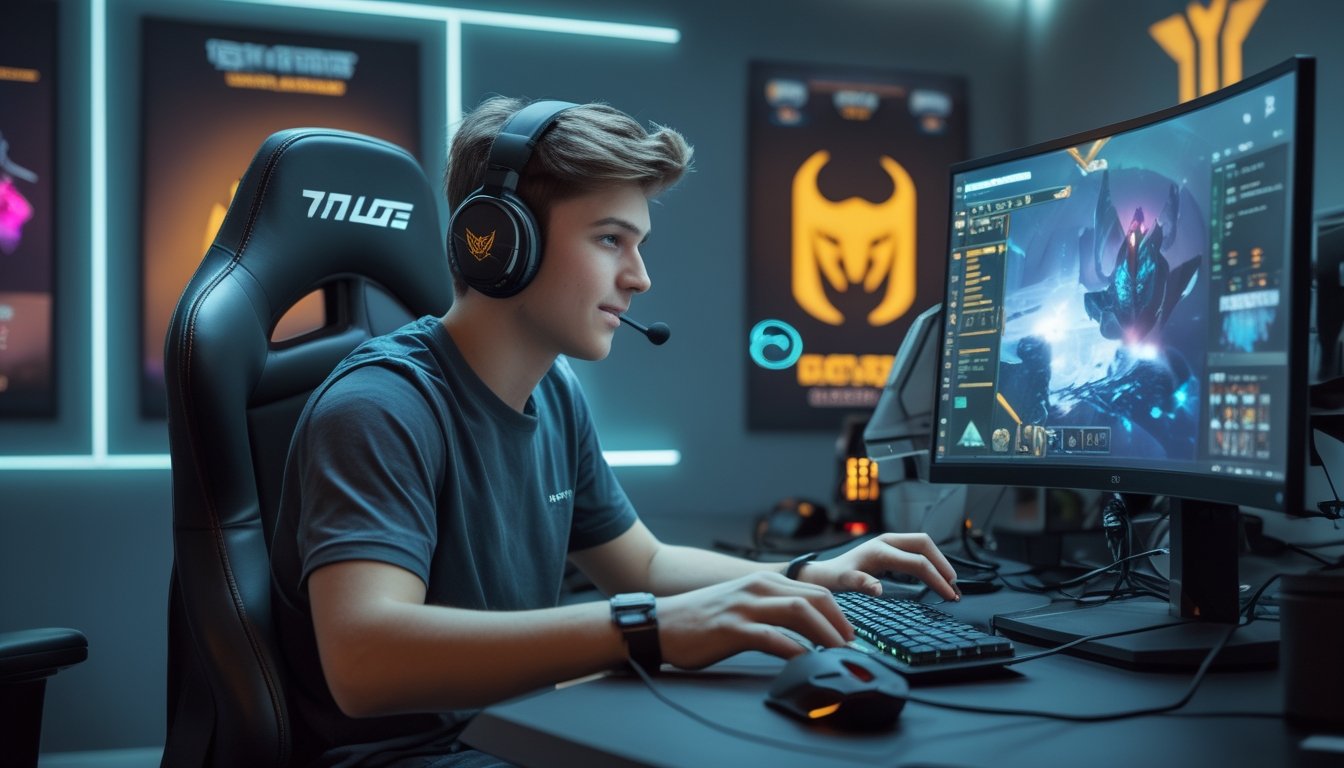 Seorang gamer muda duduk di depan komputer dengan layar besar, fokus bermain Dota 2 dalam ruangan gaming yang modern dan terorganisir.