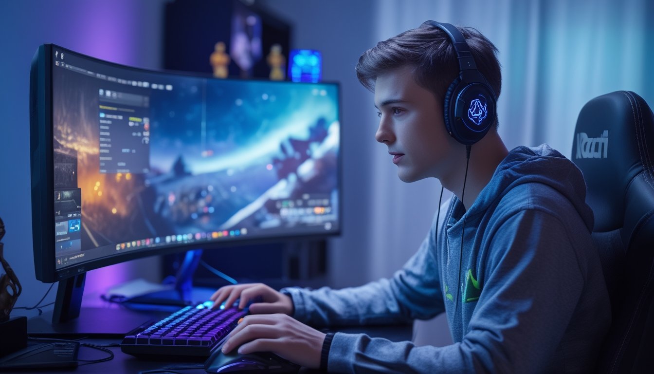 Seorang gamer muda yang fokus bermain Dota 2 di meja gaming dengan lampu RGB dan perlengkapan gaming lengkap.