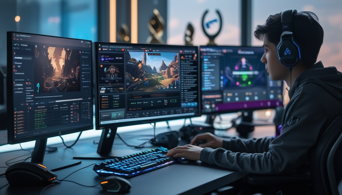 Seorang pemain taruhan esports sedang menganalisis pertandingan Dota 2 di depan beberapa layar komputer dalam ruangan gaming yang modern.