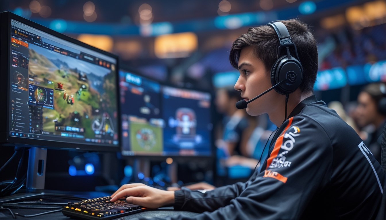 Seorang pemain esports fokus bermain Dota 2 di depan komputer dengan beberapa monitor menampilkan permainan dan peta strategi.