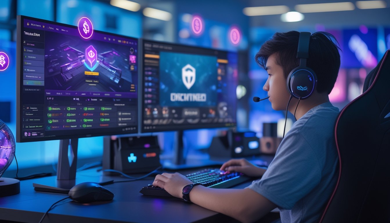 Seorang pemain esports muda duduk di depan meja dengan dua monitor yang menampilkan permainan Dota 2 dan antarmuka taruhan, dikelilingi oleh ikon digital yang melambangkan bonus dan promosi taruhan.