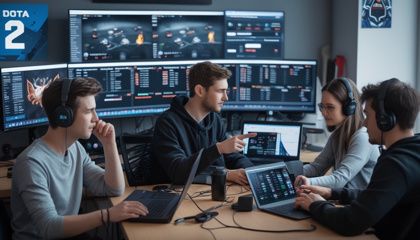 Beberapa orang muda sedang menggunakan komputer dan perangkat elektronik untuk taruhan esports Dota 2 di sebuah ruang kerja modern.