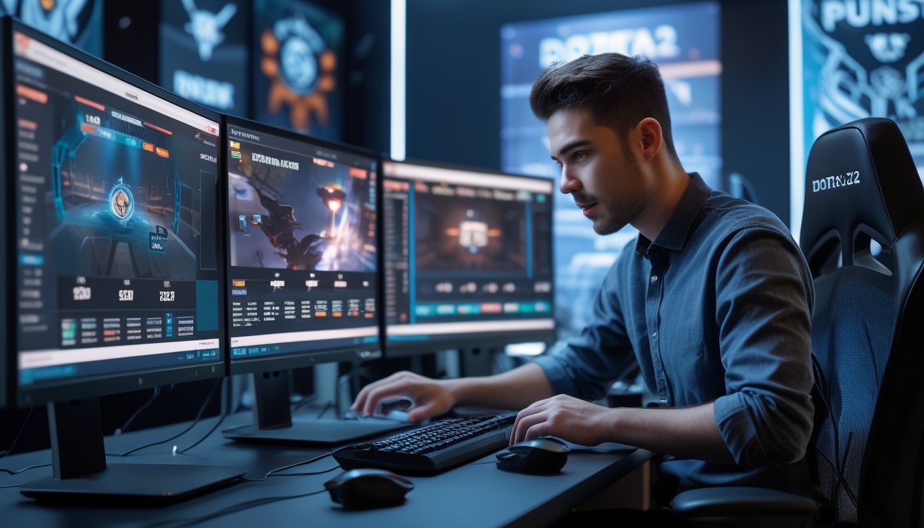 Seorang dewasa muda sedang menggunakan komputer dengan tampilan permainan Dota 2 dan grafik taruhan di layar dalam ruangan bertema esports.