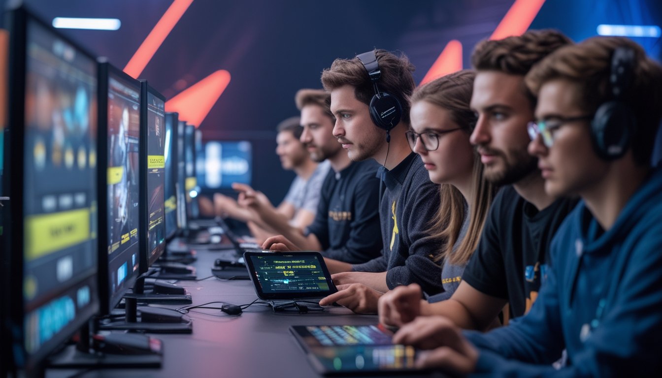 Beberapa orang muda sedang fokus menggunakan komputer dan tablet untuk taruhan esports Dota 2 di sebuah ruangan modern.